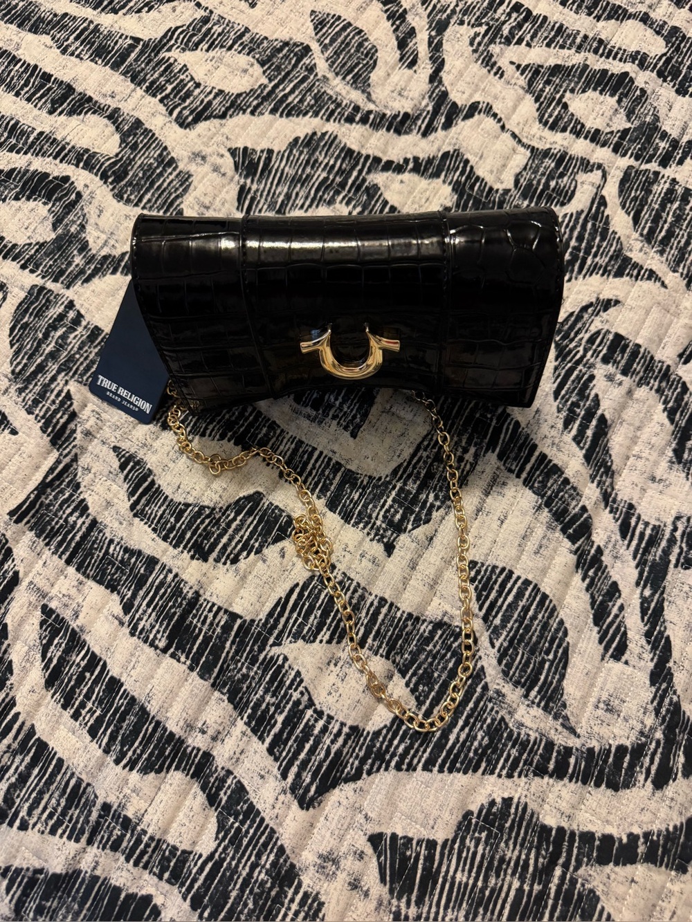 True Religion Black Croc-Embossed Chain Crossbody with Gold Hardware